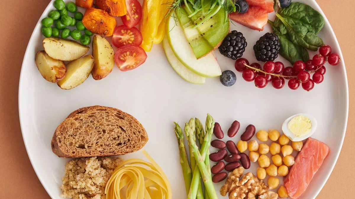 Balanced plate of protein-rich foods, vegetables, grains and legumes