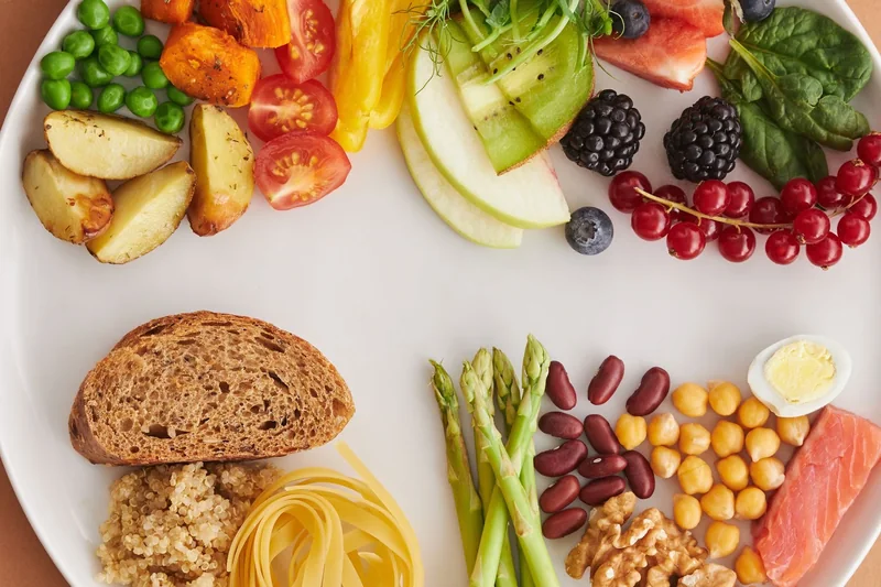 Balanced plate with protein-rich foods, grains, beans and vegetables